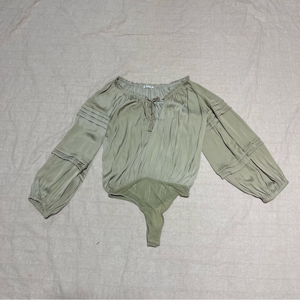 Free People Size S All Tucks Smock Top Bodysuit in Green Intimately Tassel Tie